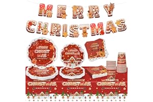 MestectPET 98 Pcs Christmas Party Tableware Set, Paper Plates Cups Napkins Tablecloth Banner for 24 Guests, Dinnerware Set for Xmas Home Party Supplies Table Decoration