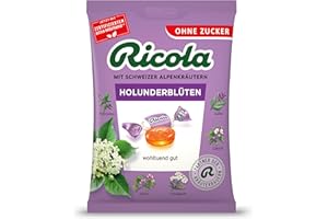 ‎RICOLA Ricola Holunderblüten, 75g Beutel Original Schweizer Kräuter-Bonbons mit 13 Alpenkräutern & fruchtig-frischer Holunderblüte, zuckerfrei, 1 x 75g, vegan
