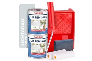 DECOSUPPLY Wilckens Fliesenlack lichtgrau glänzend RAL 7035 - Fliesenfarbe grau 750ml im 2er Set mit Malerbügel inkl. 2 Lackwalzen, Farbwanne & Schleifschwamm zum Fliesen streichen für ca. 16 qm
