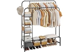 JOISCOPE Metal Clothes Rail, 49.4 * 64.5 Inch Clothes Rack for Bedroom with 2 Hanging Rails to Hang Clothes, 4 Clothes Hooks, 3 Side Shelves and 2 Bottom Shelves for Shoes and Clothes Storage, Black