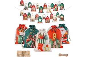FEMONGY Calendario adviento bolsas, Bolsas para calendario de adviento, 24 bolsas (12 de cada una de 10 * 15 cm y 12 de 13 * 18 cm) + 24 clips + cuerda de cáñamo de 10 m