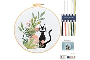 JSRQT Kit de Démarrage Broderie pour Chat avec Feuille et Cactus Motif, Kit de Point de Croix Artisanal avec Chat Mignon pour Débutant Femmes Home Deco