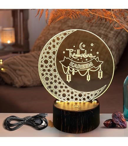 MEYENG - Décoration LED Eid Ramadan Mubarak Décorations Ornement En Bois Musulman LED Croissant, Ramadan Veilleuse, Pour L'Aïd Mubarak Islamique Musulman Festivals Mosquée Prière