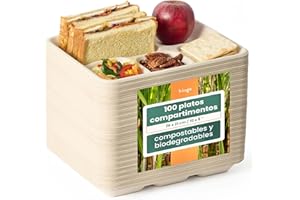 HAAGO 100 Platos de 5 Compartimentos, 26x21cm (Rectangulares) – Desechables Biodegradables y Compostables de Bagazo – Bandejas con Divisores para Buffet, Fiestas, Colegios, Catering y Picnic