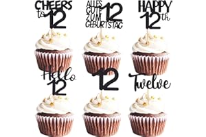 ALEGRE Cupcake Topper 12 Geburtstag Junge, 24 Stück Muffin Deko 12 Geburtstag Mädchen, Schwarz Glitzer Cupcake Deko 12. Geburtstagdeko, Happy 12th Tortendeko 12 Geburtstagdeko, 2013 Kuchen Deko 12