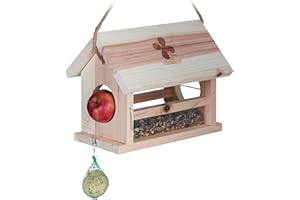 Relaxdays Mangiatoia per Uccelli, in Legno d'Abete, HLP 24x31x20 cm, da Appendere e Poggiare, Giardino e Balcone, Natura, Acciaio Inox
