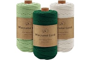 Gemtte Hilo de macramé de 3 mm x 100 m, 3 rollos de pana de macramé trenzada, verde, 3 mm, hilo de macramé colorido para decoración de pared, algodón natural, para manualidades, punto, decoración