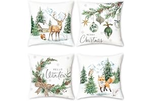 Bonhause Zimowe świąteczne poszewki na poduszki 45 x 45 cm, sosnowe, bombki świąteczne, renifer, lis, wiewiórka, dekoracyjne poszewki na poduszki na sofę, łóżko, do domu, patio, dekoracja świąteczna