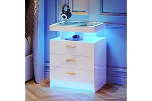 Lvifur Tavolino da Letto Comodino a LED con Stazione di Ricarica, 3 Colori Dimmerabile Comodino con 3 Cassetti, Sensore Automatico TYPE-C USB Soggiorno Camera da Letto Bianco