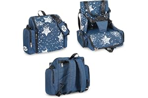 MS BabyWorld - Booster Bag Stars | Elevador de Viaje Portátil 2 en 1 con Arnés de 5 Puntos | Mochila Convertible en Bandolera | Bolsillo Térmico, Dispensador de Pañuelos y Espacio para Utensilios
