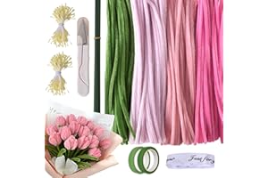 LUXVARA 400 Piezas Limpiapipas Manualidades, Alambre de Chenilla, Set de Limpiapipas Flores, con Cinta, Estambres, Limpiapipas Tulipanes, Rosa, Verde,para DIY Regalo Bricolaje Decoración Hogar