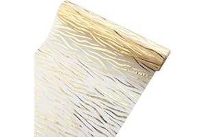 Bekeify Camino de Mesa Dorado 28 cm × 15 m Camino Mesa Oro Brillante Poliéster Decorativo Oro Tul Dorado Metálico Camino de Mesa de Navidad Decoración para Regalos Año Nuevo Boda Patrón de Rayas
