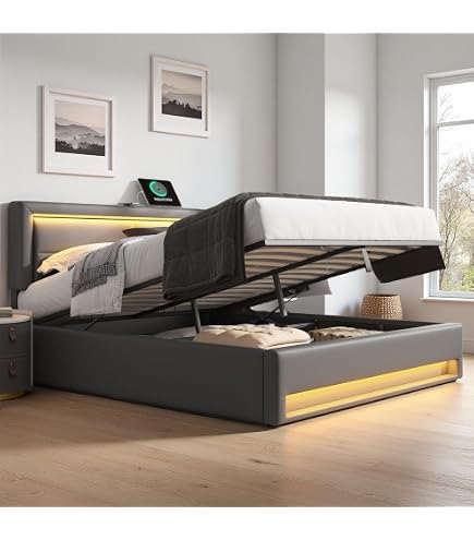 Lit 140x190 Avec Sommier LED, USB Et 4 Tiroirs - Rangement Intégré, Tête De Lit Rembourrée (lin)
