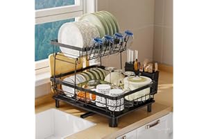 GHERISN 2 Tier Dish Drainer Rack for Kitchen with Drip Tray, Sink Drainer with 360° Swivel Drainage Spout, Dish Drying with Cups, Utensil & Cutting Board Holders for Kitchen Counter Space-Saving, Black