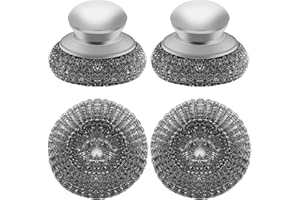 HINGTAI 2 Pcs Stainless Steel Wool Scrubber with Handle， 2 Replacement Steel Scrubber Wool Pads for Cleaning Dishes, Pot Scrubbers Can Clean Iron Pots, Stoves, Frying Pans, Barbecue Grills, Wash Sink