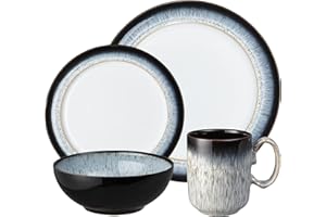 Denby - Halo Dinner Set For 4 - 16 Piece Tableware - Dishwasher Microwave Safe Stoneware Crockery - Reactive Glaze, Black, Grey - 4 x Dinner Plate, 4 x Small Plate, 4 x Cereal Bowl, 4 x Coffee Mugs