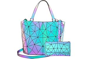 LOVEVOOK Geometrische Taschen, 2pcs Damen Handtasche Faltbare Geldbörse Set, Holographic Purse Leuchtende Brieftasche Shopper