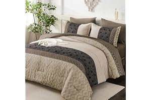 Dinjoy Light Brown King Size Comforter Set,Striped Boho Bed in a Bag King 7 Pieces Soft Fall Bedding Comforters Sets Microfiber Complete Bed Sets for All Season
