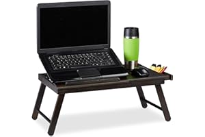 Relaxdays, marron Table d’ordinateur portable, HLP 25x60x35 cm, bambou, pliante, bureau, tablette genoux, tiroir, foncé, 1 élément