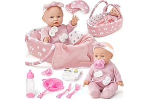vamei Accesorios Bebé Juguete para Muñecas, Cuna Portátil con Ropa de Muñeca & Pañales para Muñecas & Bolsa de Cambio & Biberón & Chupete, Juguetes para Niñas 2-5 Años