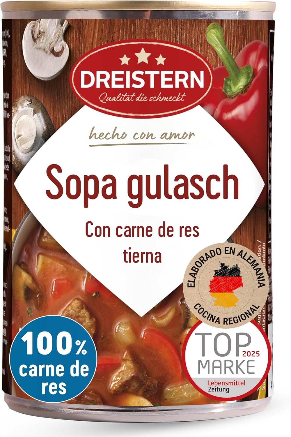 DREISTERN Sopa de Gulash Picante 400 g I Con carne de res tierna & verduras I Guiso picante en lata reciclable I Larga duración gracias a la conservación natural I Calidad casera