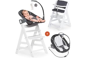 hauck Alpha+ Newborn Set Deluxe - Baby Holz Hochstuhl ab Geburt mit Liegefunktion - inkl. Aufsatz für Neugeborene & Sitzpolster - mitwachsend, verstellbar - Weiß