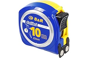 S&R Taśma miernicza 10 m x 25 mm z hakiem magnetycznym, kompaktowy miernik toczenia, nylonowa taśma miernicza, odporna na uderzenia obudowa, stoper, miarka z klipsem do paska, taśma rolowana