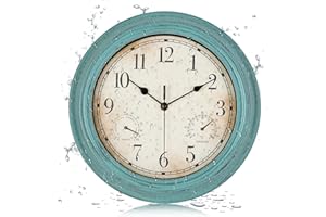 LENAUQ Outdoor Garden Wall Clock, Waterproof Vintage Wall Clock with Thermometer And Humidity, 12 Inch/30cm Non-Ticking Weatherproof Hanging Clock for Patio, Pool, Porch, Garden, Bathroom, Turquoise