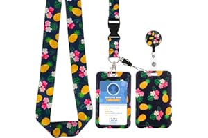 Amabro Porta badge con cordino, clip retrattile per badge con cordini regolabili, cordino da collo resistente, per uffici, personale, studenti, dipendenti, insegnanti (fiore di ananas)