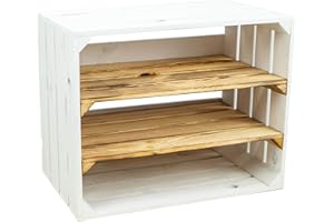 ‎KISTENKOLLI ALTES LAND Schuhschrank Johanna Schuhregal Weinregal aus geflammten/weissen Holzkisten Schuhablage für 6 Paar Schuhe als Schuhständer Schuhaufbewahrung aus Holz 50x40x29cm