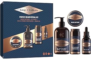 King C. Gillette Kit Para Barba Hombre, Incluye Gel Limpiador 3 En 1 Para Barba 350ml + Suavizante De Barba 100ml + Crema Hidratante Para Rostro Y Barba 100 ml + Aceite Para Barba 30 ml