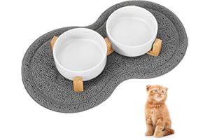 Revivoer Gamelle Chat Surélevée, 2x400ML Gamelles pour Chat Double en Ceramique avec Support et Tapis Antidérapant, Eau Bol Anti Vomissement et Facile à Nettoyer, Convient Aussi Chien Lapins (Blanc)