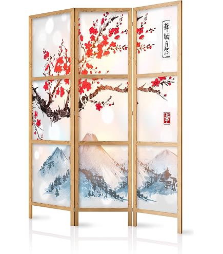 Paravent Japonais 4 Panneaux Shoji - 180x180 Cm, Papier De Riz Naturel, Motif Cerisier En Fleurs