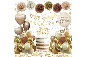 ALMAXI Geburtstagsdeko Frau Mann, Deko Geburtstag Braun mit Gold Braun Luftballons Geburtstag, Pompons Party Deko Braun Gold, Dekoration Geburtstag Banner für Geburtstags Deko frauen Mann Mädchen Baby