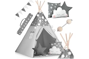 NUKIDO Tipi Tienda de campaña de algodón, Marco de Madera, diseño Encantador, fácil de Limpiar, 120 x 120 x 165 cm, guirnaldas Luces Gris