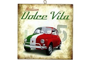 KUSTOM ART Tableau de style vintage La Dolce Vita (Fiat 500 Tricolore) de collection Impression laser sur bois de haute qualité – Idée cadeau