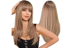 WOKESTAR Lange Gerade Perücken für Frauen mit Fransen, Mehrschichtige Synthetische Aschblonde mit Dunklen Wurzeln Farbe Perücken für Frauen
