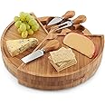 VonShef Bamboo Cheese Board, Circular Serving Tray with Stainless Steel Knife Set, Easy Clean Charcuterie Serving Board with Swivelling Knife Drawer & Gift Box