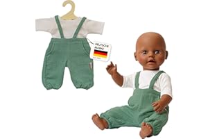 Heless 1416 - Puppenkleidung aus Musselin, 100% Bio-Baumwolle, 2-teiliges Set mit Latzhose in Salbeigrün und weißem T-Shirt für Puppen und Kuscheltiere der Größe 28-35 cm
