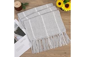VSPEK Boho Table Runner - Rustic Farmhouse Cotton and Linen with Hand-tassels, Elegant for Daily Dining and Event Decor, 13x72 inches, Grey