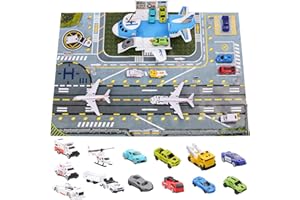 CHIDIAM Airport Toys Airplane Car Toy Set for Kids with Trucks, Helicopter, Planes, Signs, Fire Trucks Race Cars and Airport Playmat, Great Military Toys Parking Lot Toy for 3 4 5 6 7 8 Boys Girls Toddler