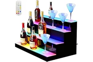 Cityjoy LED Lighted Liquor Bottle Display Rack, 4 Tiers 23.6"x 15.8"x 12.6" USB Illuminated Bottle Shelf, Home Bar Drinks Acrylic Lighting Shelves 24 Bottles with RF Remote 9 Static Colors