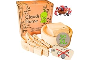 XL Einweg Bambusgeschirr mit 250 Teilen für 50 Personen. Ökologisches Geschirrset bestehend aus 50 Tellern, 150 geschmacksneutralen Bambusbestecken und 50 recycelbaren Servietten @Claudi Home