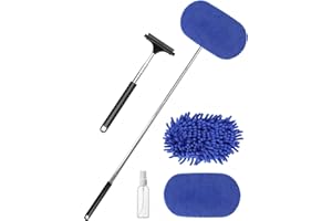 ZimiTeda Outil de Nettoyage de Pare-Brise de Voiture 3 en 1 40 "Rétroviseur de Voiture Essuie-Glace Raclette de Lavage Brosse Extra Large Tampon en Microfibre Lavable Poignée Extensible Kit