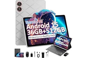 TIGERFU Android 15 Tablet, Tablet 11 Pollici con SIM e WiFi, 36GB+512GB (TF 1TB), 4G LTE e 5G WiFi, Widevine L1, 2000 * 1200 IPS, 8000mAh/8MP+13MP/OTG/GPS, Tablets con Tastiera/Mouse/Custodia - Grigio