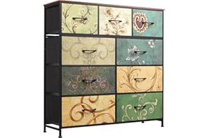 WLIVE Chest of Drawers, 9 Fabric Drawers Cabinet with Easy Pull Handle, Wood Top and Sturdy Steel Frame for Bedroom, Living Room, Retro Prints