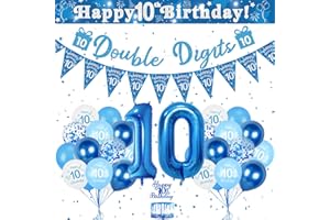 KISPATTI Blue 10th Birthday Party Decorations for Boys - Happy Birthday Banner, Number 10 Balloons, Triangle Flag, Confetti - Boys' Party Supplies