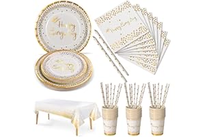 Nkaiso 126pcs Blanc Or Party Vaisselle,Happy Everyday Decoration fête Anniversaire Kit,Papier Assiette Papier Tasse Serviette Pailles Nappe,en Mariages Baby Shower Noël, 25 invités