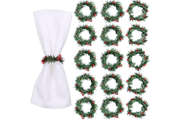 LATERN 20 Pièces Ronds de Serviette de Noël, Porte-Serviettes Holly Berry Boucle de Serviette Rustique Mini Couronne de Bougies pour Déjeuner de Noël Action De Grâces Nouvelle Année Tableau Décoration
