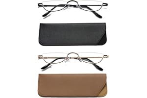 Hubeye 2 Pairs Half Moon Reading Glasses for Women and Men Metal Slim Half Frame Lens Ultra Thin Readers with Spring Hinges and Leather case 1.50